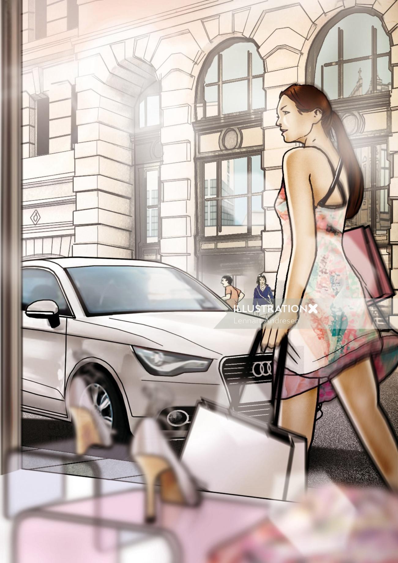 通りを歩く女性のイラスト絵コンテ