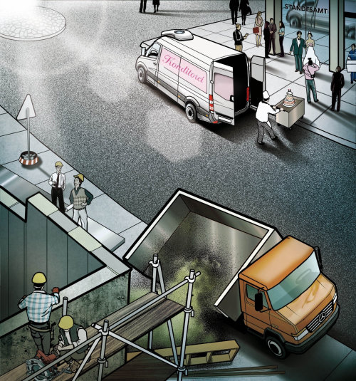 Ilustração do storyboard do local de construção