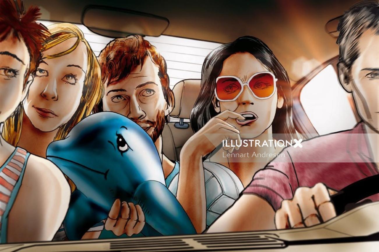 Storyboard de adolescentes disfrutando en coche.