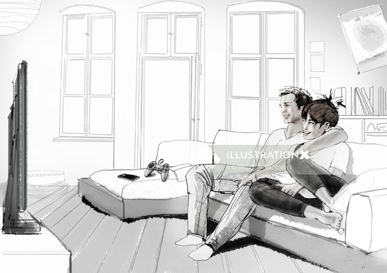 Ilustración de pareja viendo la televisión