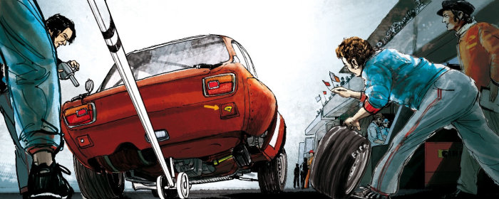Storyboard du changement de pneu en course automobile