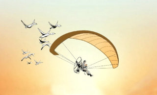 街の上をパラグライダーで飛ぶ男性のアニメーション
