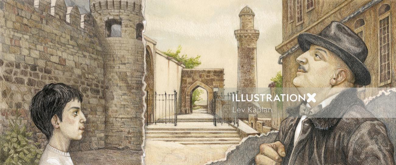 Artwork of an old city Baku