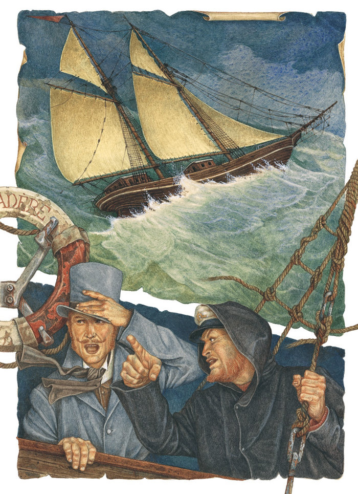 watercolor illustration of drowning boat