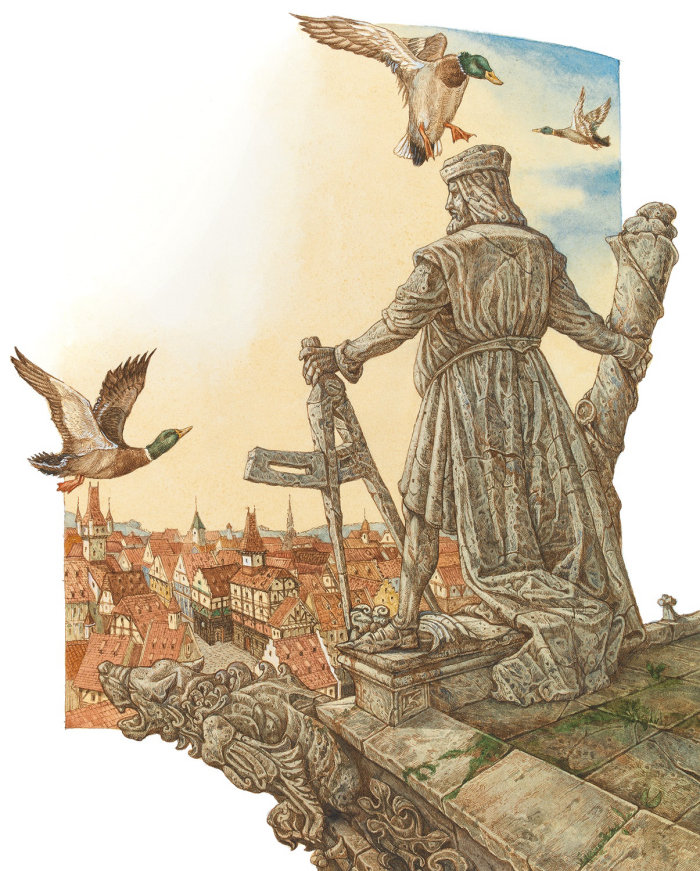 Ilustração do rei e pássaros