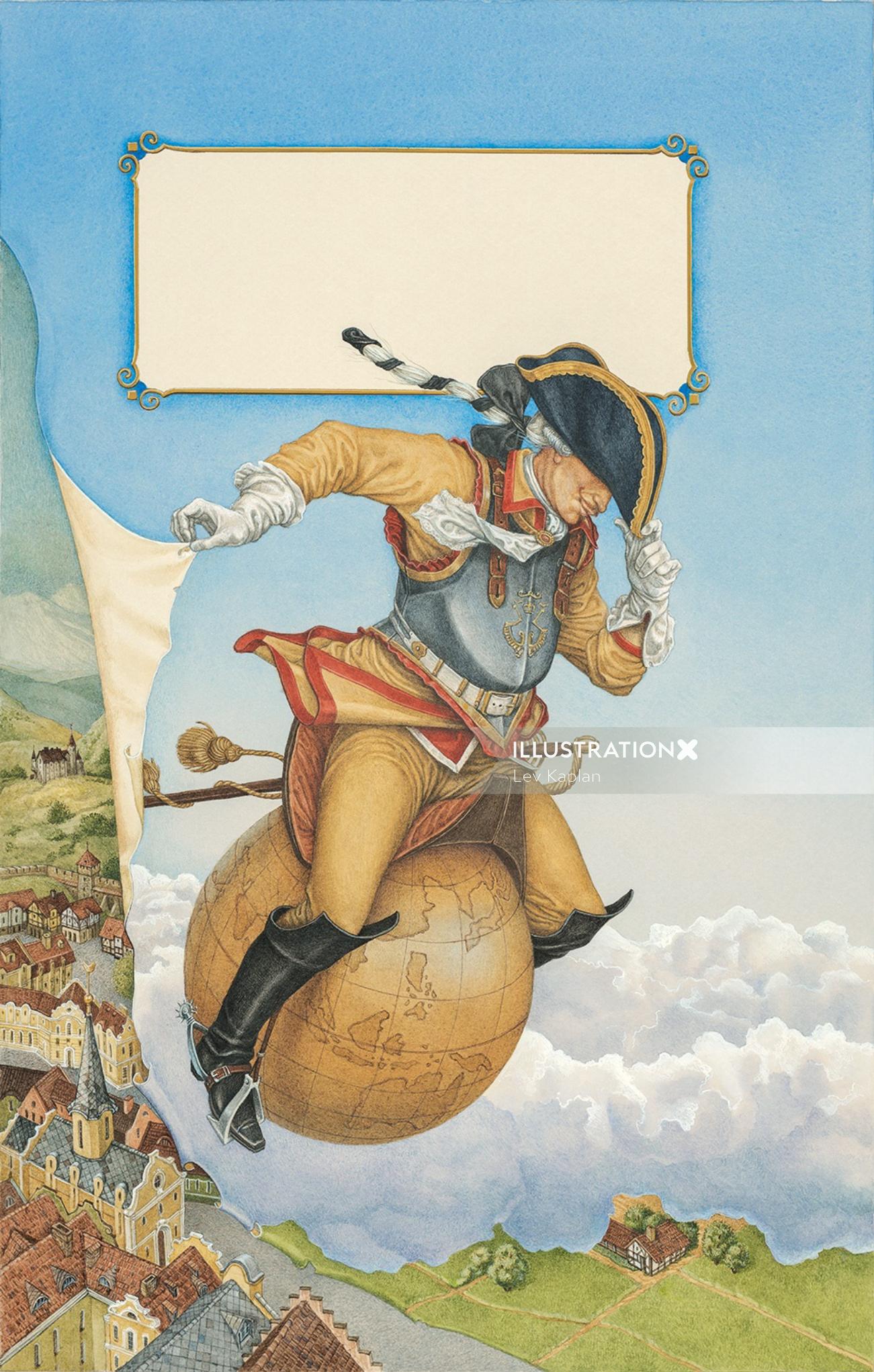Retro illustration of man on globe 