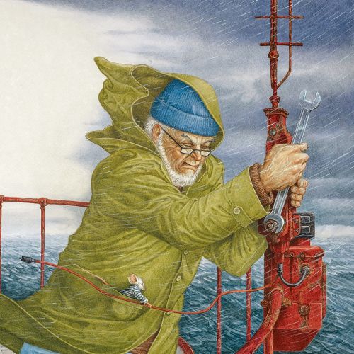 Old man on ship illustration