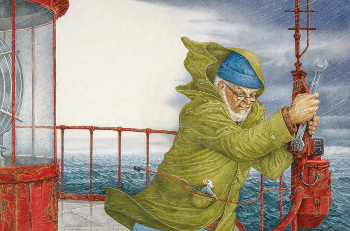 Old man on ship illustration