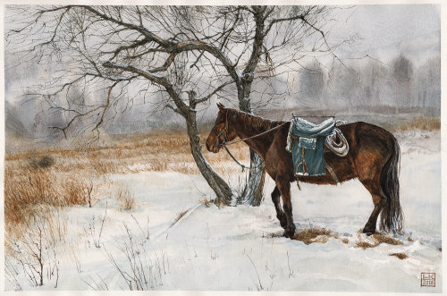 Illustration vintage de cheval dans la neige par