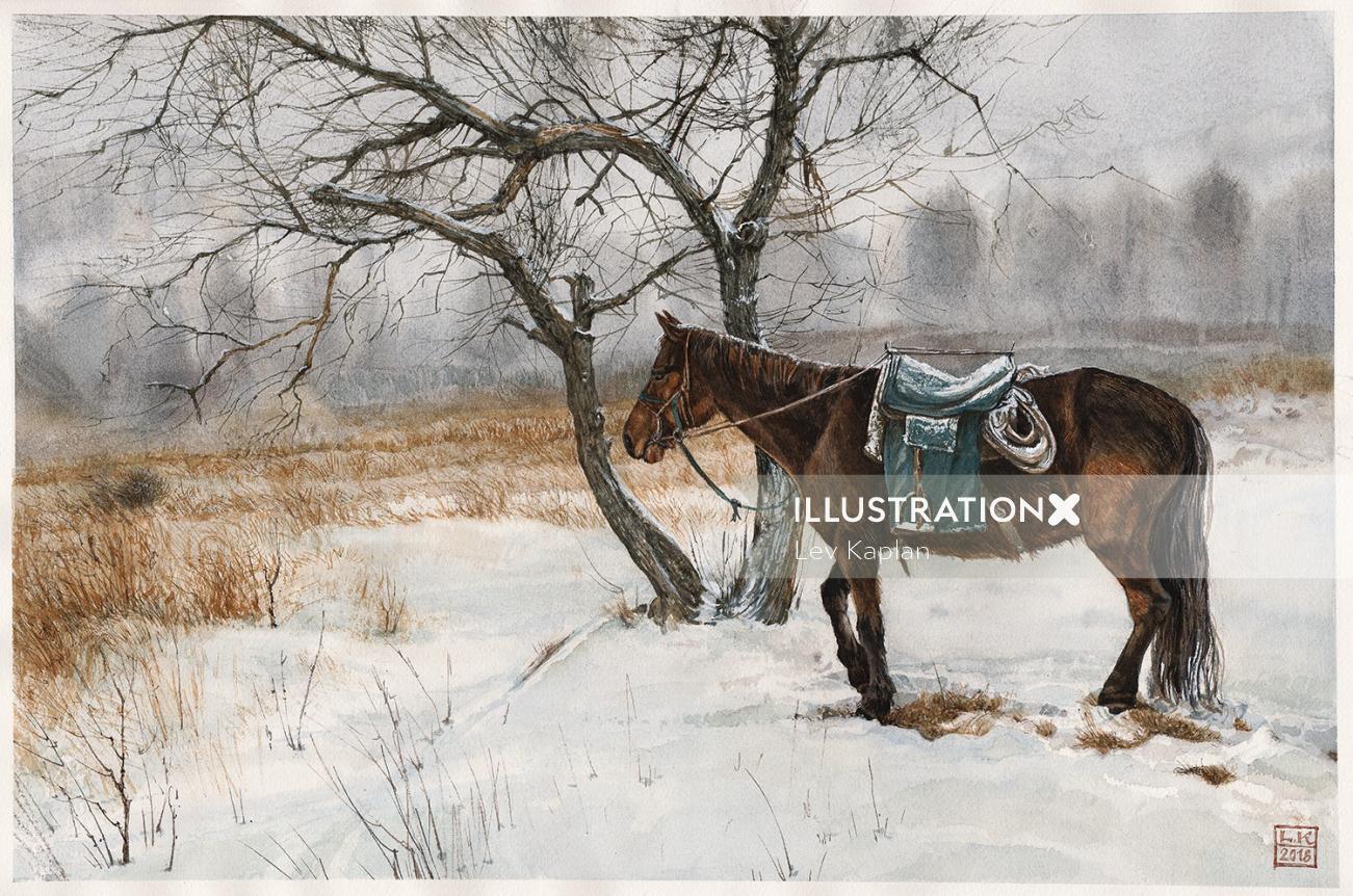 马在雪地里的老式插图