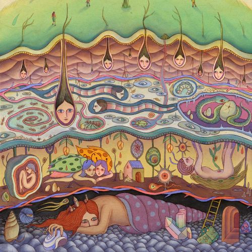 Surreal underground scene depicting skin and emotional systems by Leyla Cui