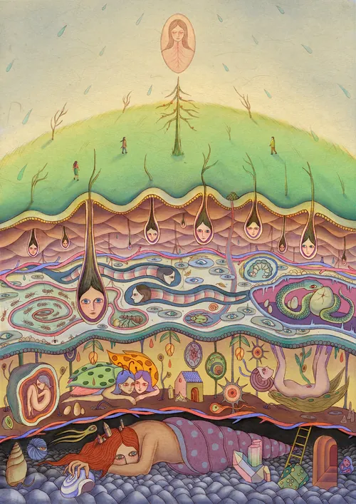 Surreal underground scene depicting skin and emotional systems by Leyla Cui