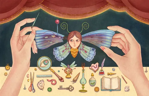 Delicate hands repairing a butterfly-winged figure on a workbench by Leyla Cui