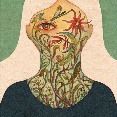 Artwork showing human silhouette with flowers and plants growing inside, by Leyla Cui