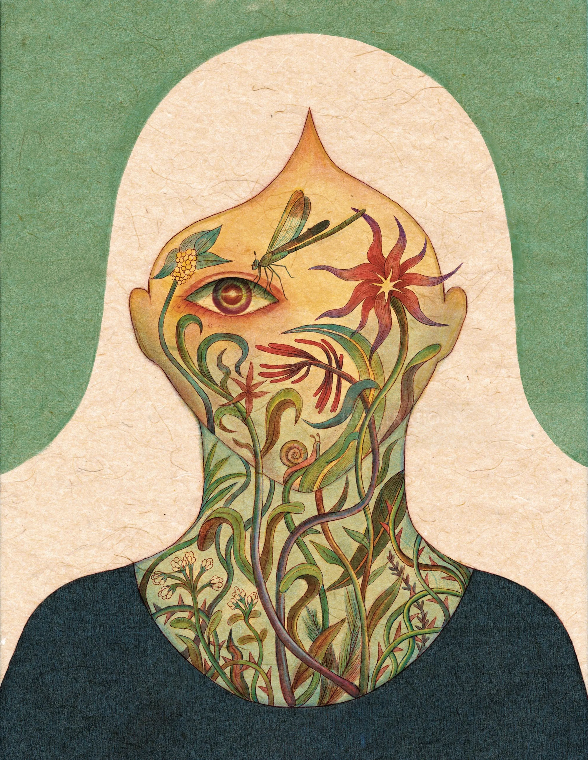 Artwork showing human silhouette with flowers and plants growing inside, by Leyla Cui