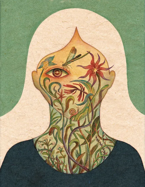Artwork showing human silhouette with flowers and plants growing inside, by Leyla Cui