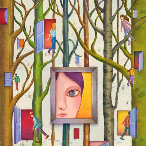 Humans wander a surreal forest with framed faces and open windows by Leyla Cui