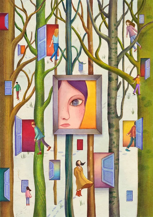 Humans wander a surreal forest with framed faces and open windows by Leyla Cui