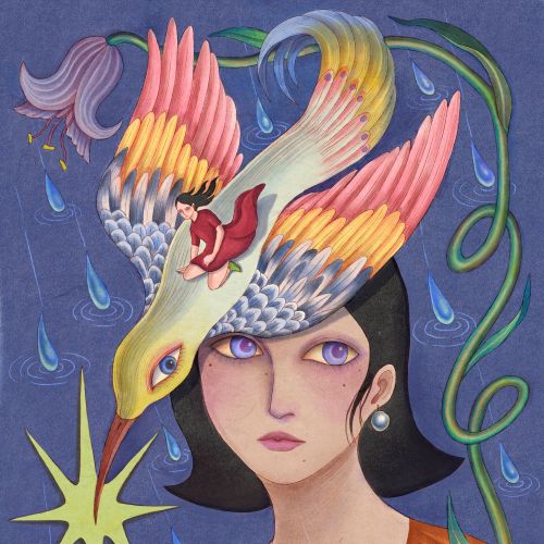 Surreal portrait of woman with bird and flowers by Leyla Cui