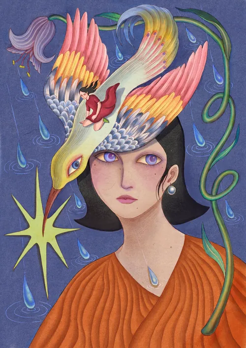 Surreal portrait of woman with bird and flowers by Leyla Cui