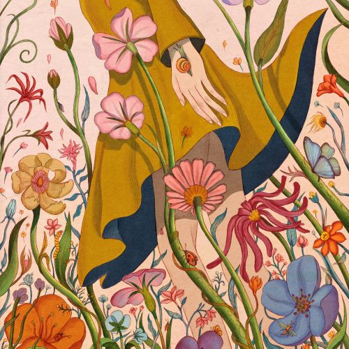 A woman in a yellow dress surrounded by colorful flowers, by Leyla Cui