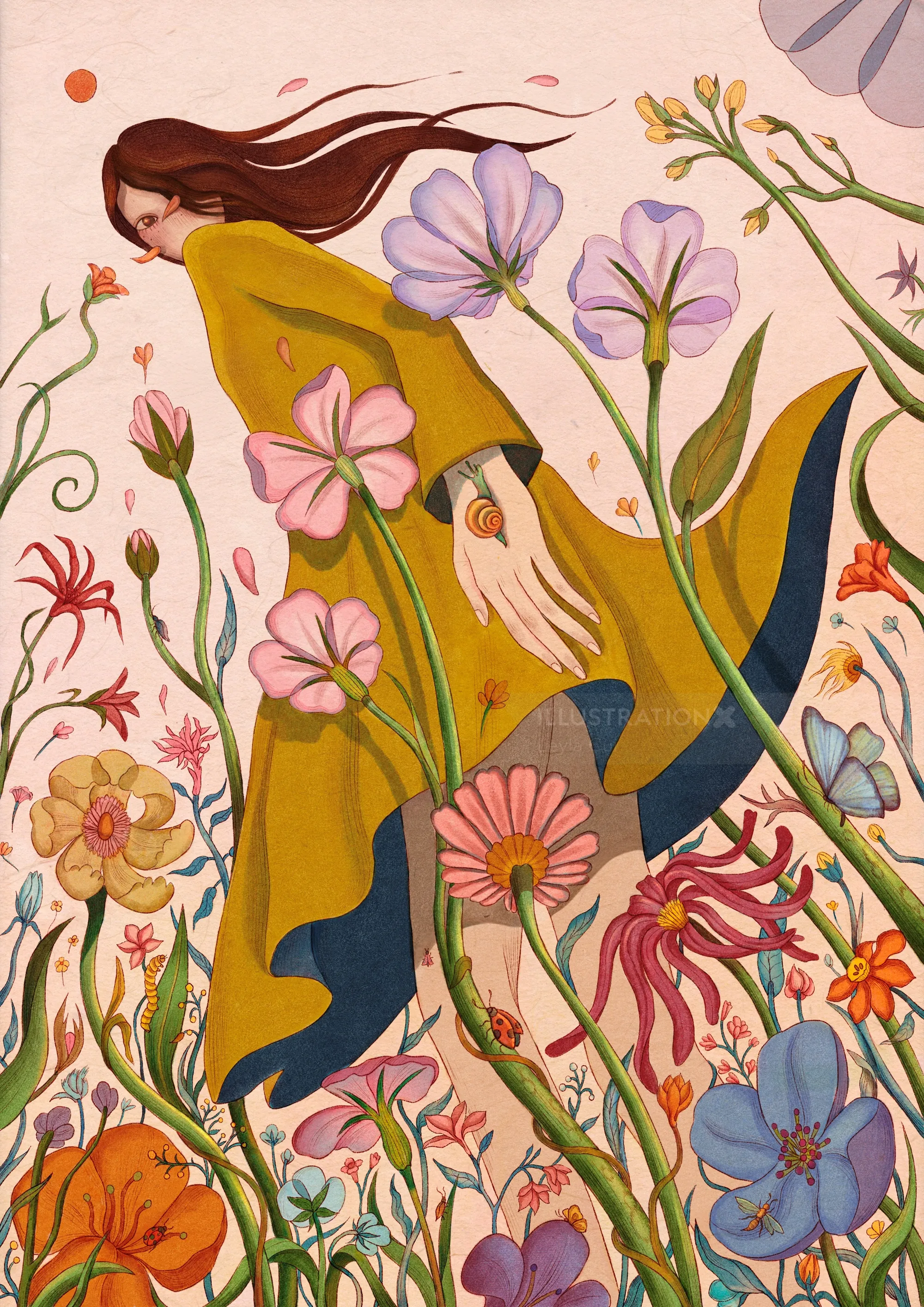 Eine Frau in einem gelben Kleid, umgeben von bunten Blumen, von Leyla Cui