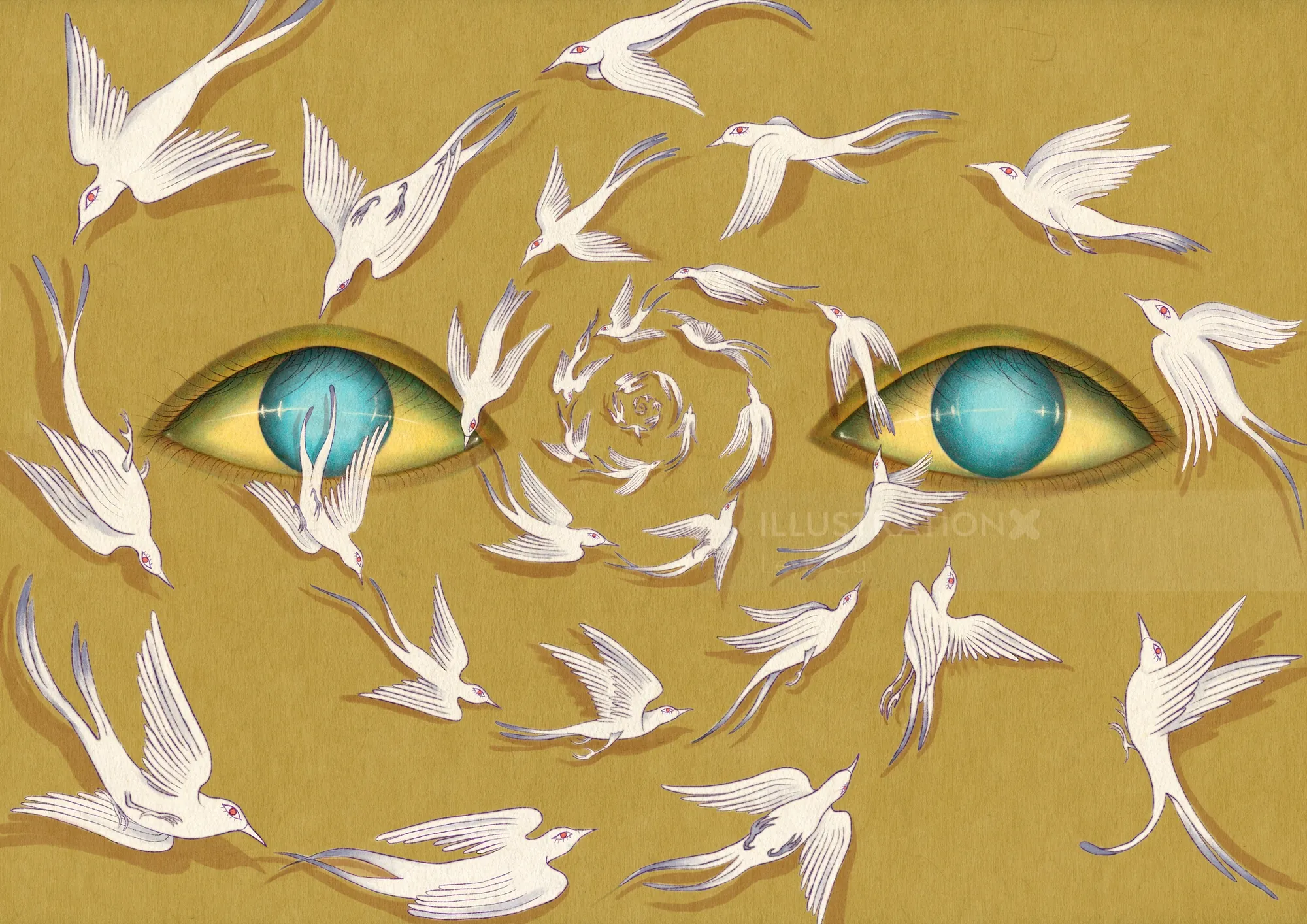 Vögel, die um blaue Augen fliegen, symbolisieren Freiheit von Leyla Cui