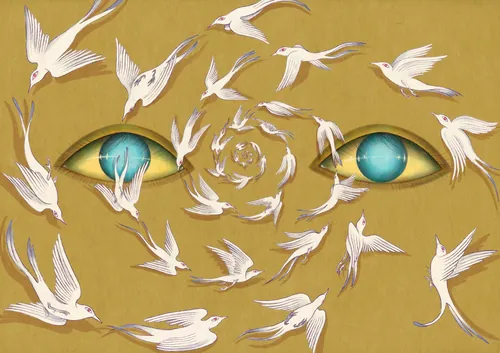 Birds flying around blue eyes symbolizing freedom by Leyla Cui