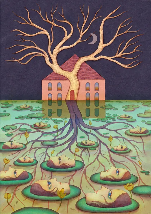 Tree roots spread underground from house to lily pads, by Leyla Cui