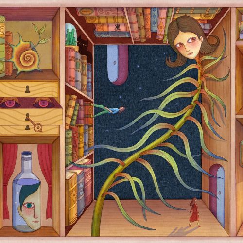Surreal cabinet with books, plants, birds, and a human figure by Leyla Cui