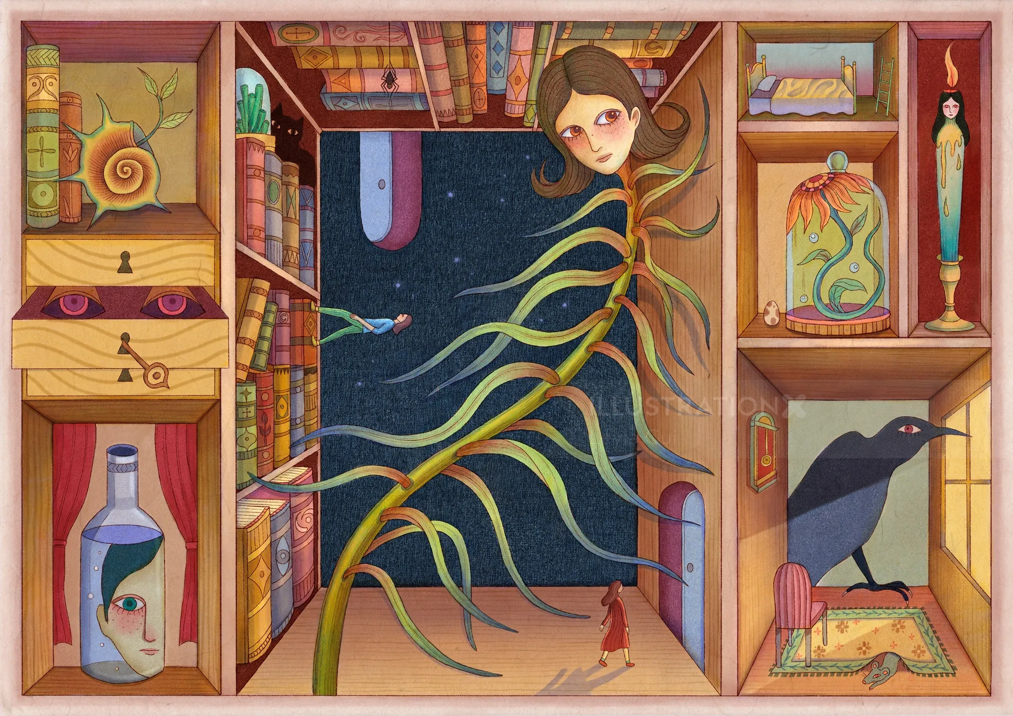 Surrealer Schrank mit Büchern, Pflanzen, Vögeln und einer menschlichen Figur von Leyla Cui