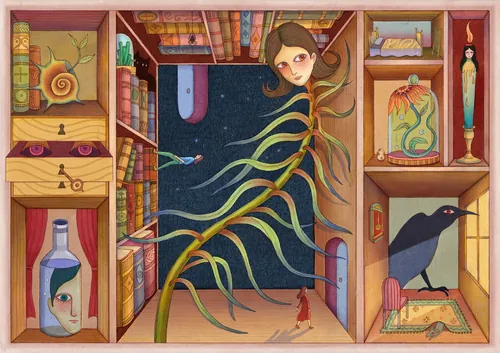Surreal cabinet with books, plants, birds, and a human figure by Leyla Cui