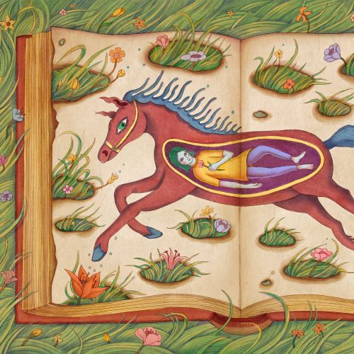 Open book with colorful horse illustration surrounded by grass and flowers by Leyla Cui