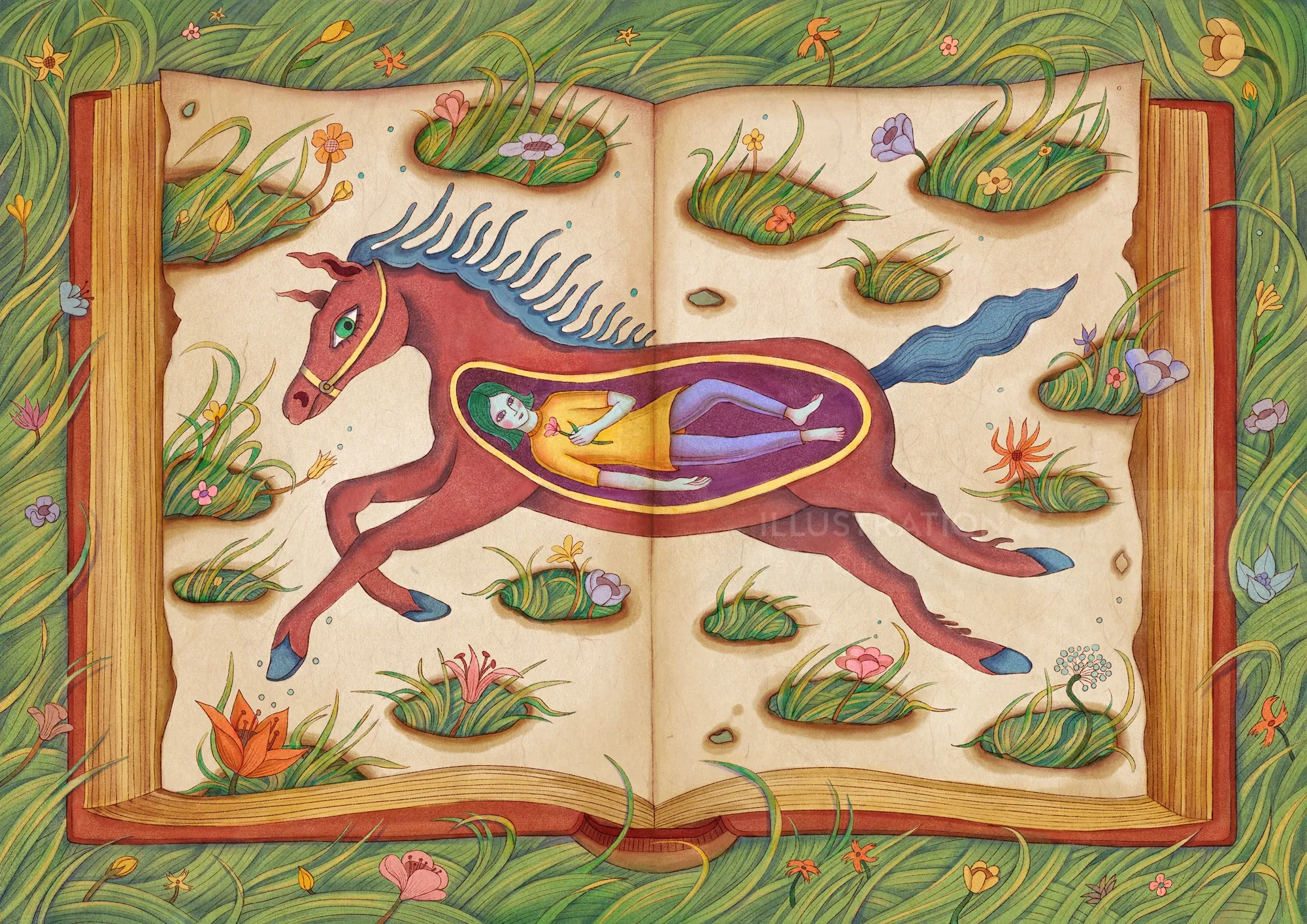 Open book with colorful horse illustration surrounded by grass and flowers by Leyla Cui