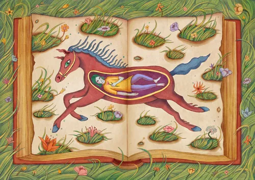 Open book with colorful horse illustration surrounded by grass and flowers by Leyla Cui