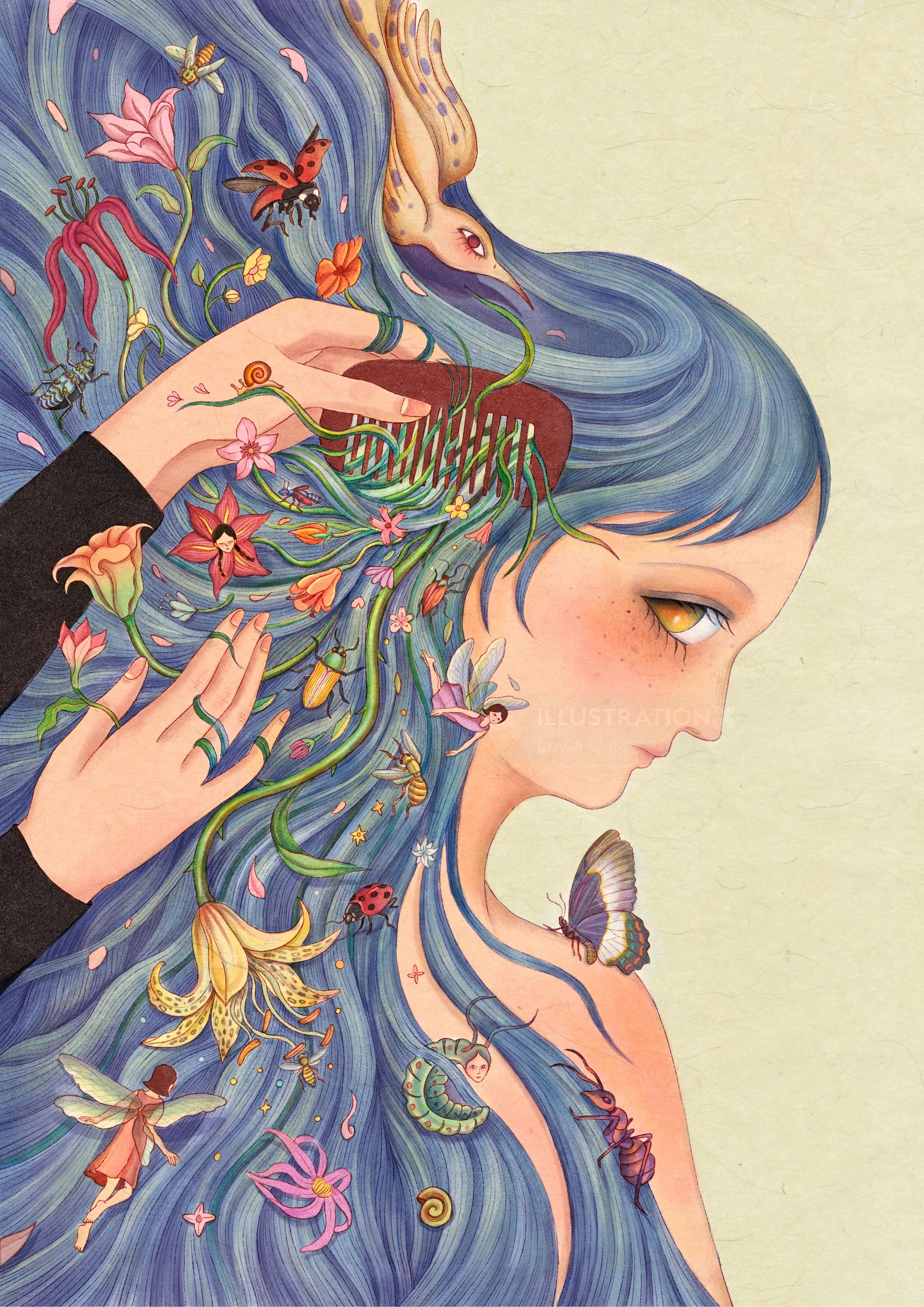 Illustration of a girl with blue hair filled with insects and flowers by Leyla Cui