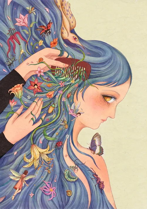Illustration of a girl with blue hair filled with insects and flowers by Leyla Cui