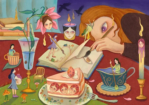 Surreal artwork with figures interacting with oversized objects by Leyla Cui
