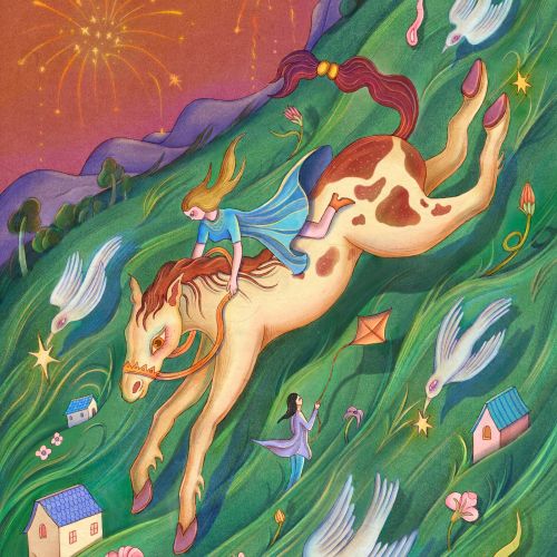 Surreal painting of a horse leaping with birds and houses by Leyla Cui