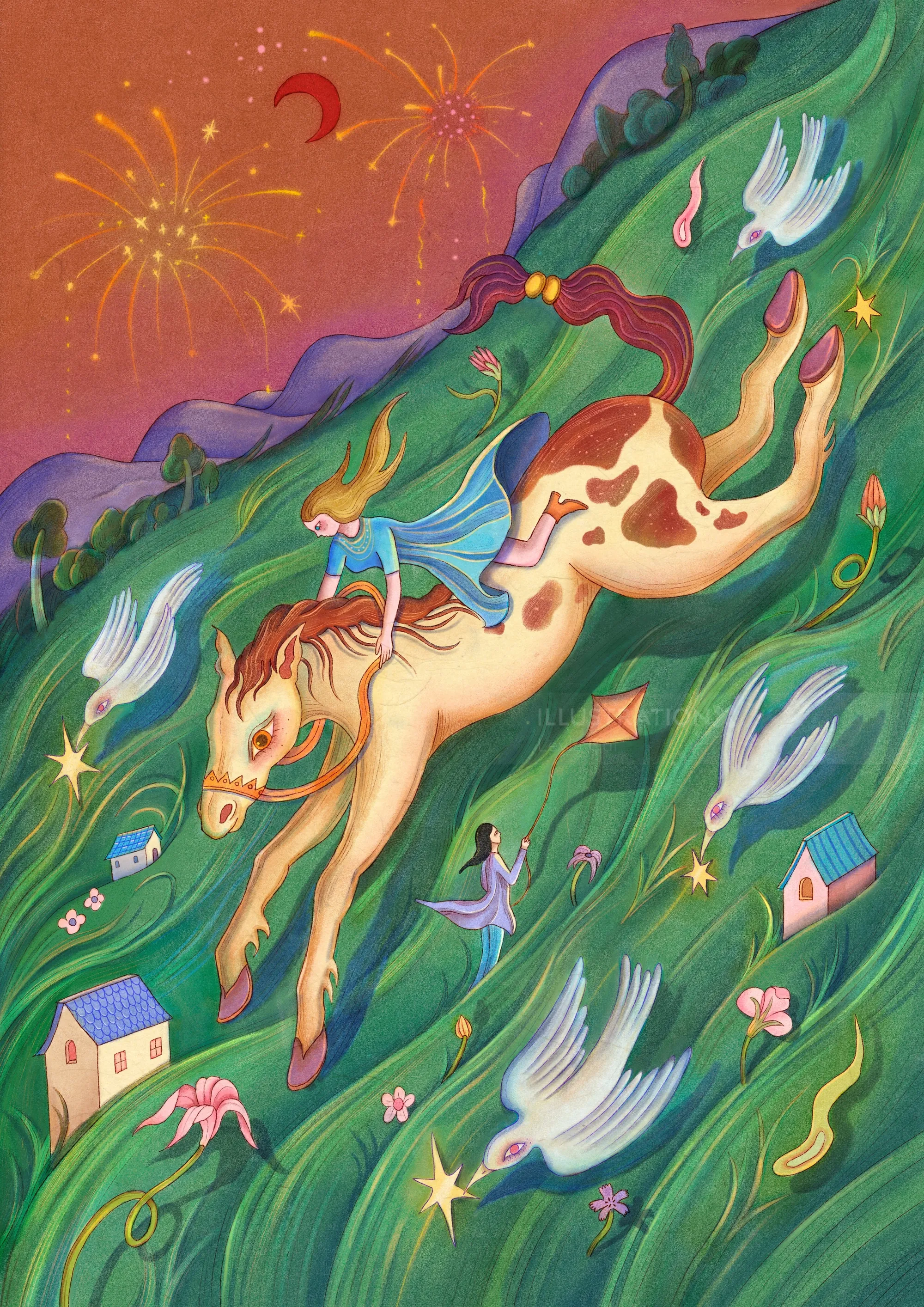 Surreal painting of a horse leaping with birds and houses by Leyla Cui