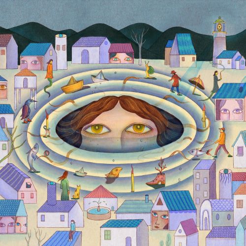 Surreal village scene with a large human face and eyes, by Leyla Cui