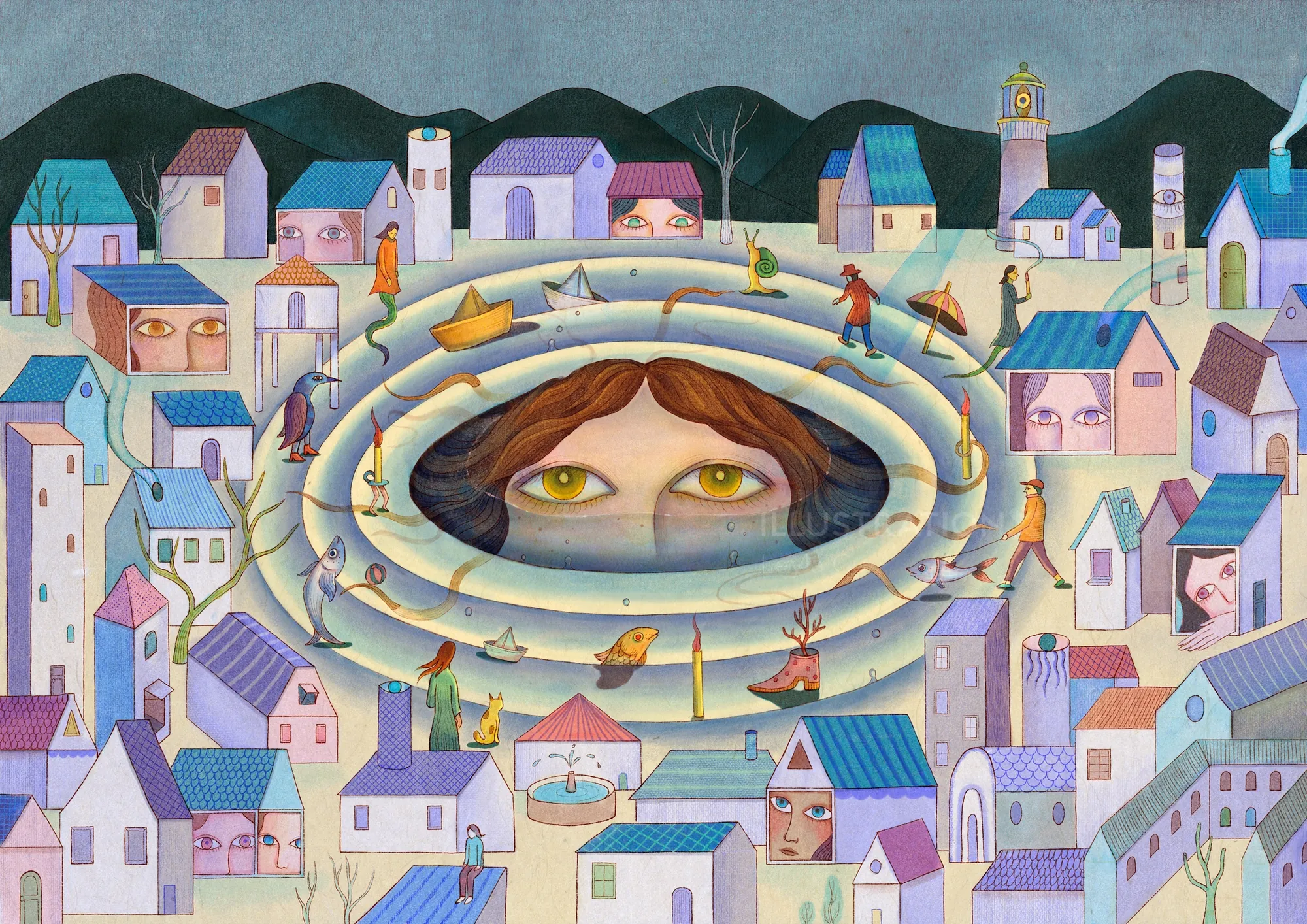Surreal village scene with a large human face and eyes, by Leyla Cui
