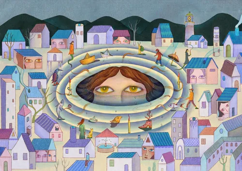Surreal village scene with a large human face and eyes, by Leyla Cui
