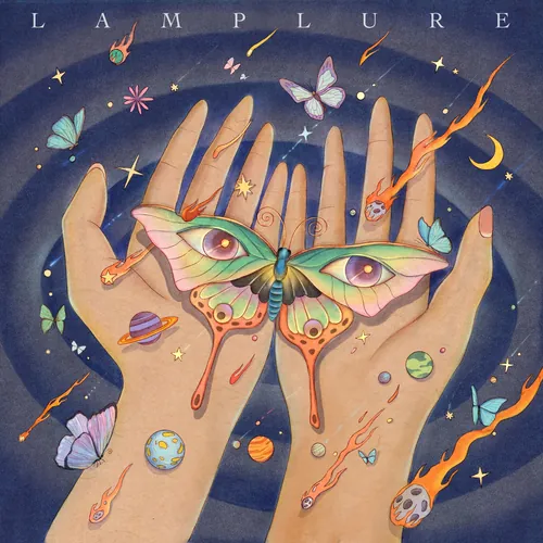 Surreal cosmic butterfly with eyes on hands surrounded by stars and planets by Leyla Cui