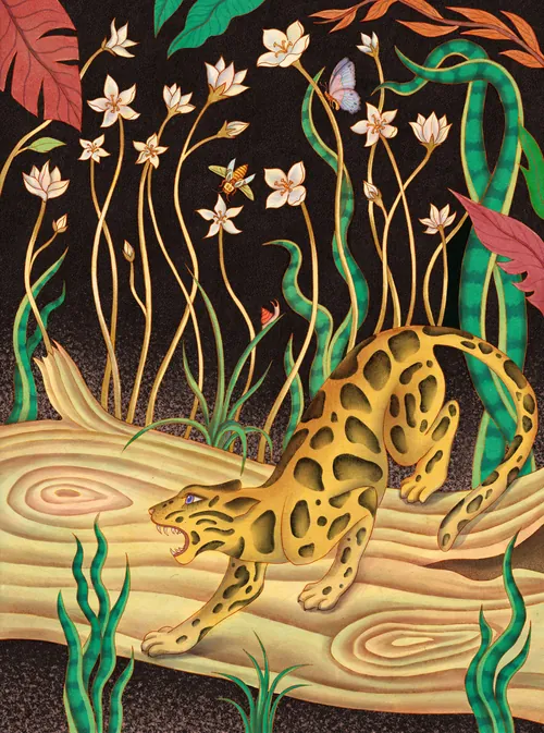 Leopard walking on log surrounded by wild jasmine flowers and plants by Leyla Cui