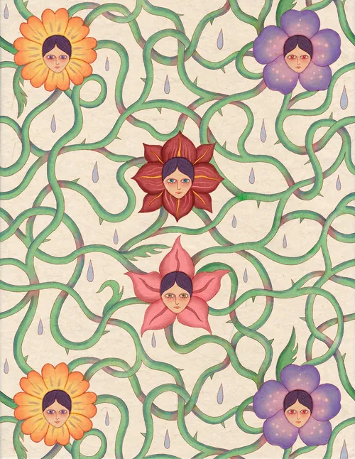 Floral pattern with five flowers having human faces by Leyla Cui