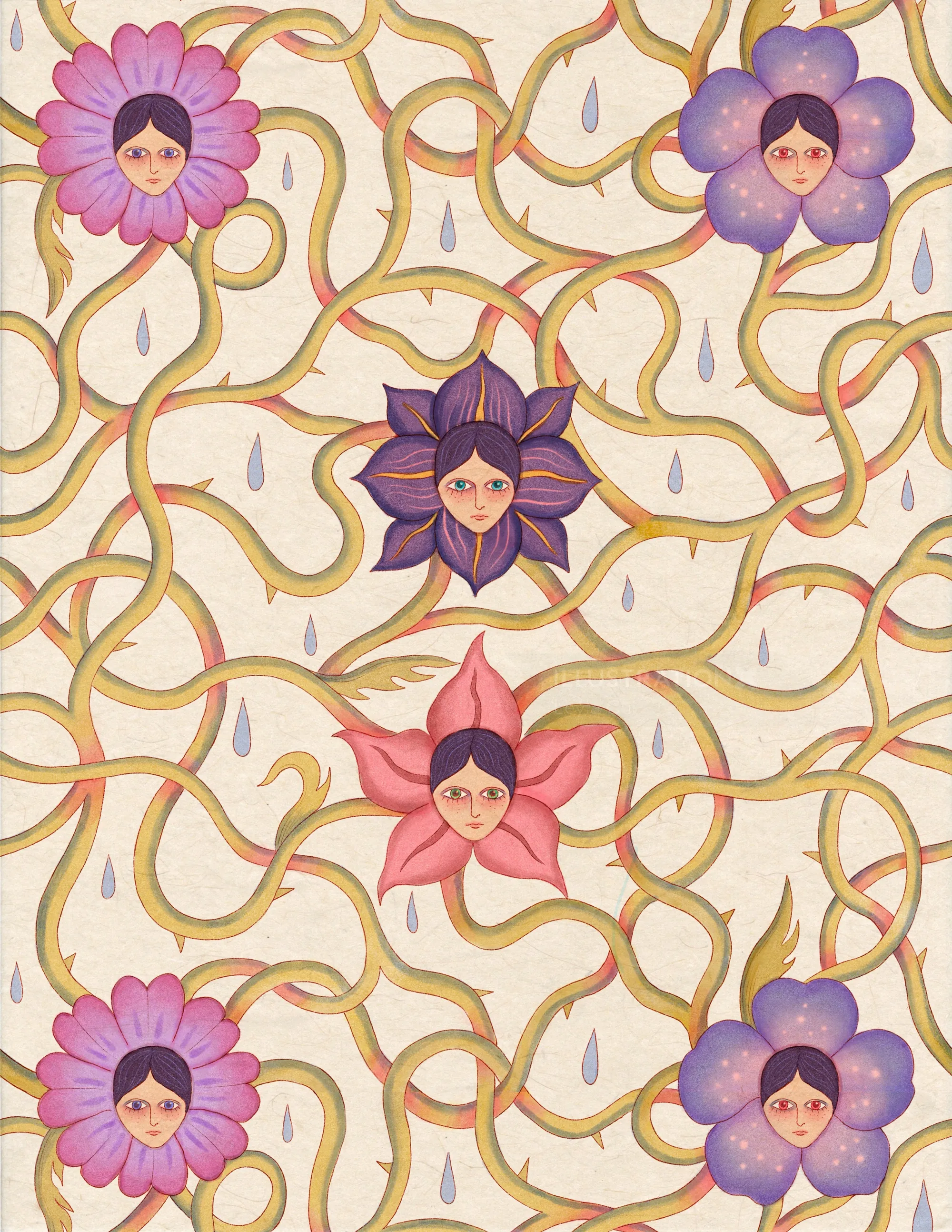 Pattern of flowers with human faces and twisting vines by Leyla Cui