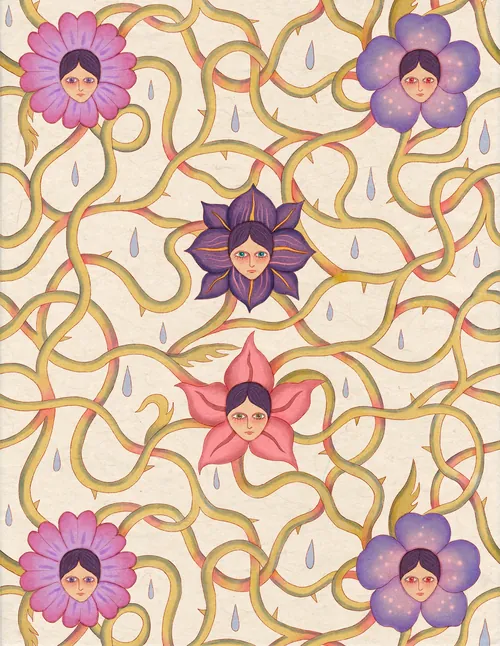 Pattern of flowers with human faces and twisting vines by Leyla Cui