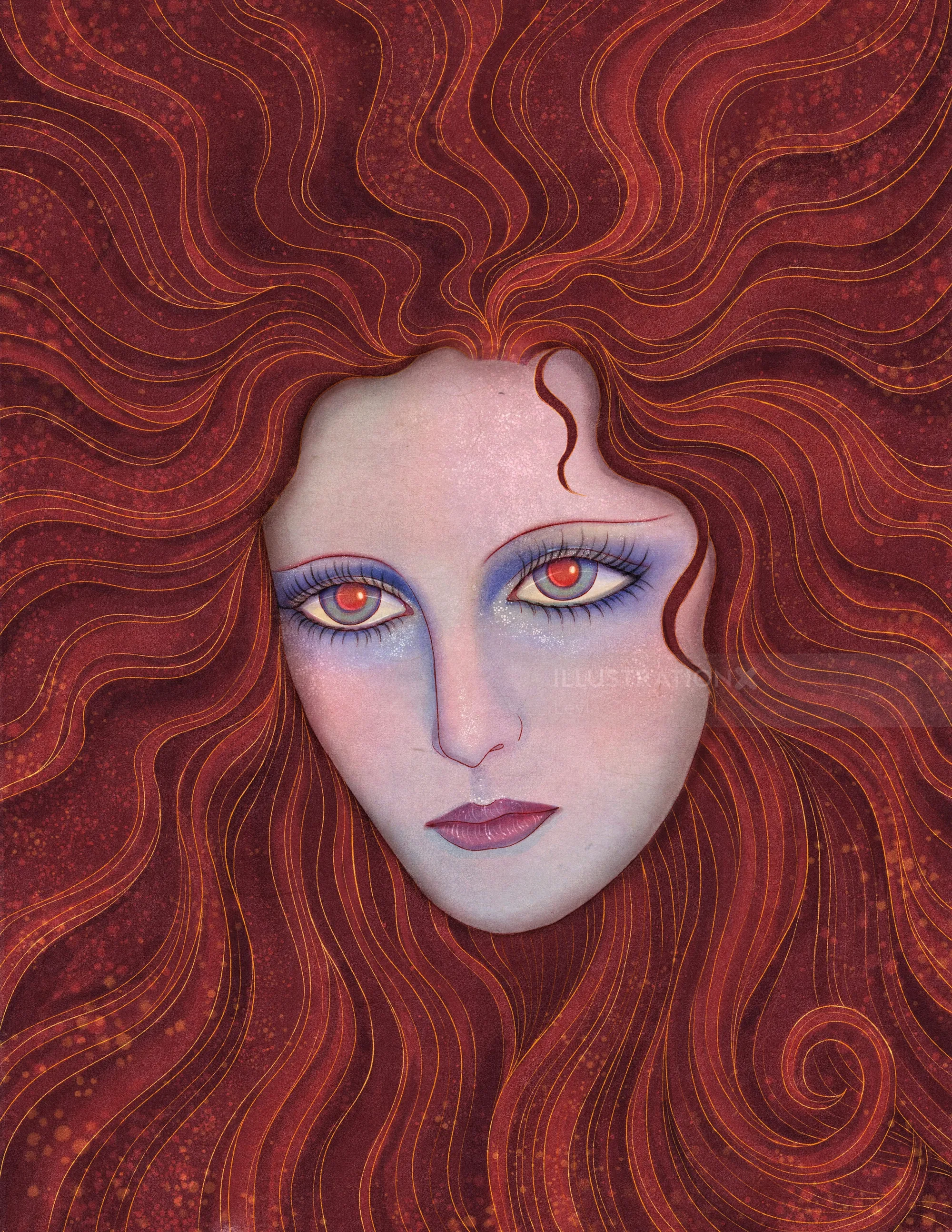 Red-haired woman with piercing eyes in a swirling hair pattern by Leyla Cui