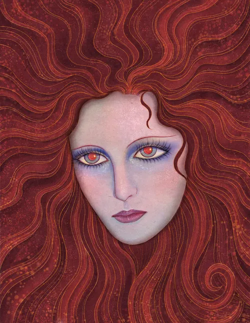 Red-haired woman with piercing eyes in a swirling hair pattern by Leyla Cui